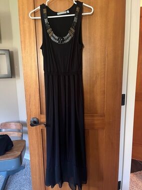 Sleeveless Black Maxi Dress with Beaded Neckline